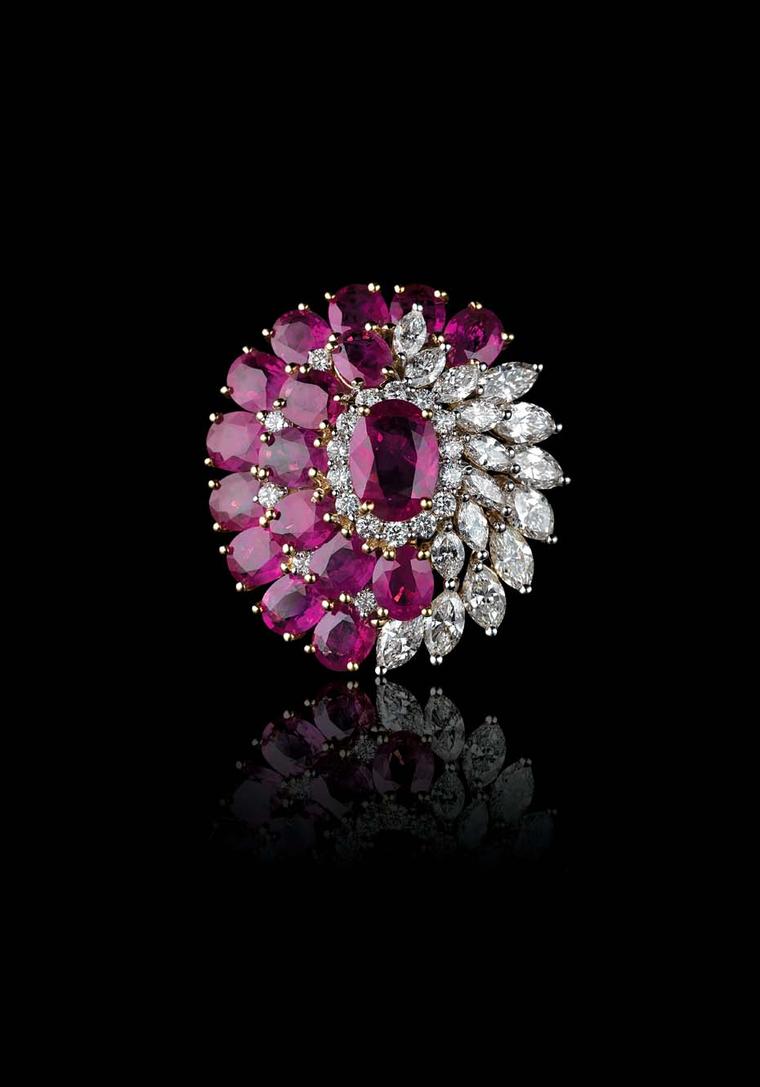 Farah Khan for Tanishq ruby and diamond cocktail ring set in yellow gold.