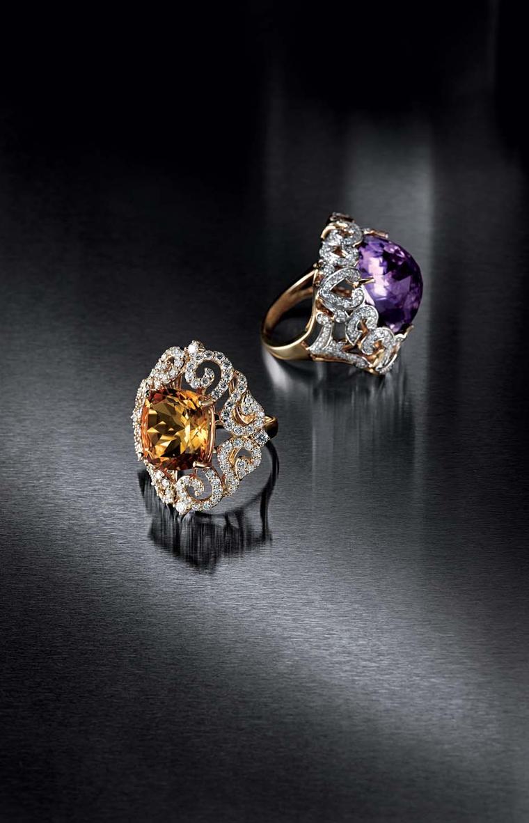 Farah Khan for Tanishq amethyst and citrine cocktail rings with diamonds set in yellow gold.