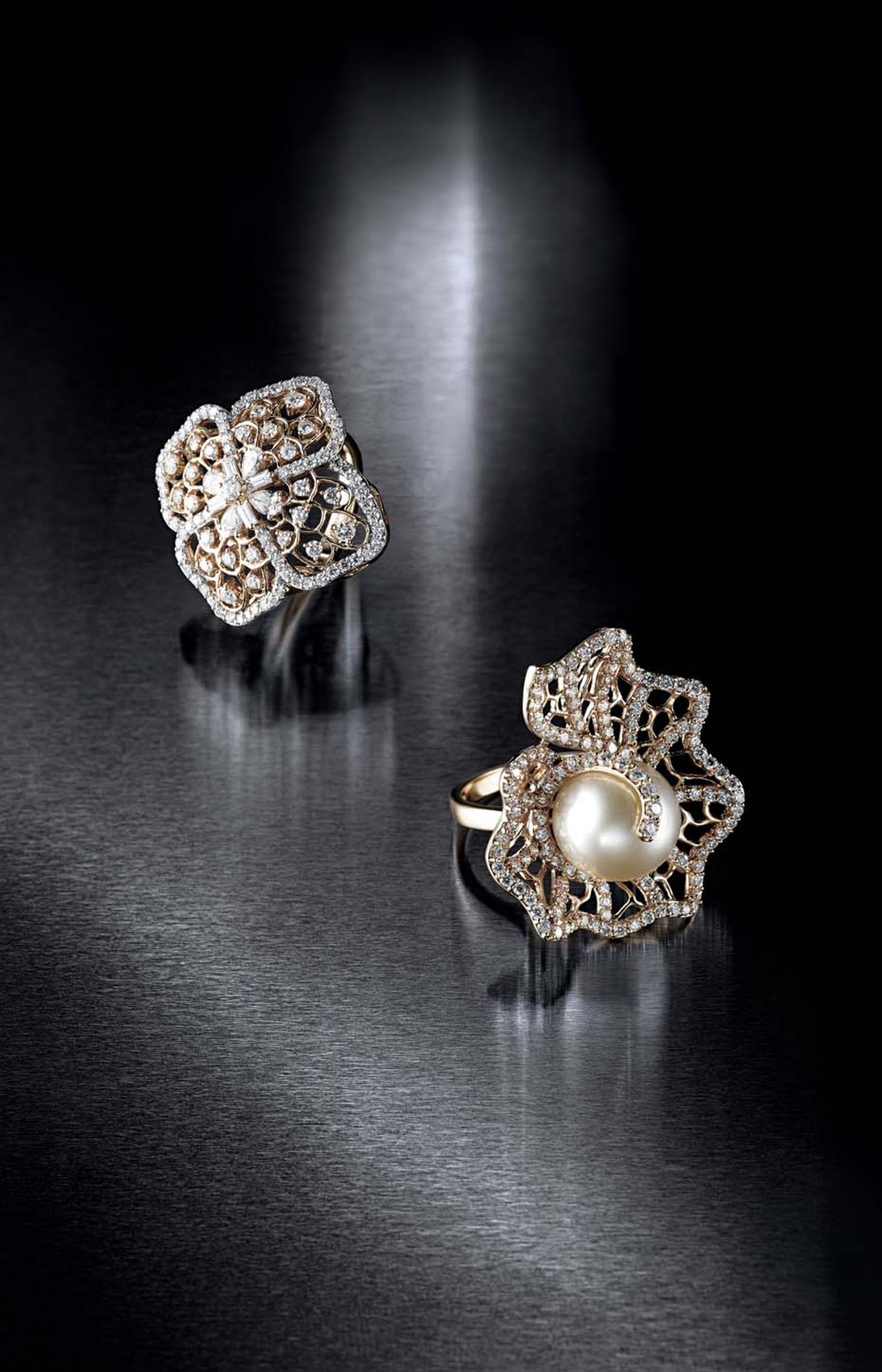 Farah Khan for Tanishq diamond rings. Pictured on the right is an all-diamond Jaali (meshed) ring with a pearl centre accented with diamonds, while on the left is an all-diamond floral ring set in yellow gold.