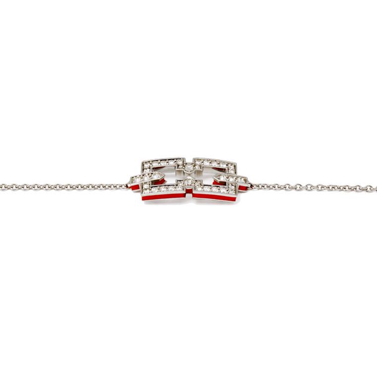 Raphaele Canot Skinny Deco bracelet in white gold with pavé white diamonds and a sliver of red enamel (£1,800).