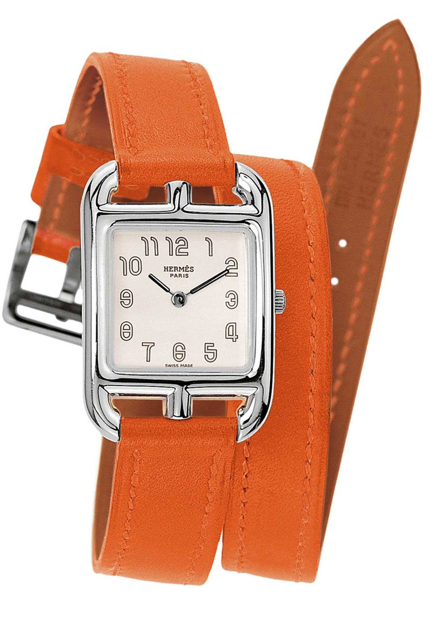 Hermès Cape Cod watch in stainless steel. The classic orange Hermès leather strap is designed to wrap twice around the wrist (£1,800).