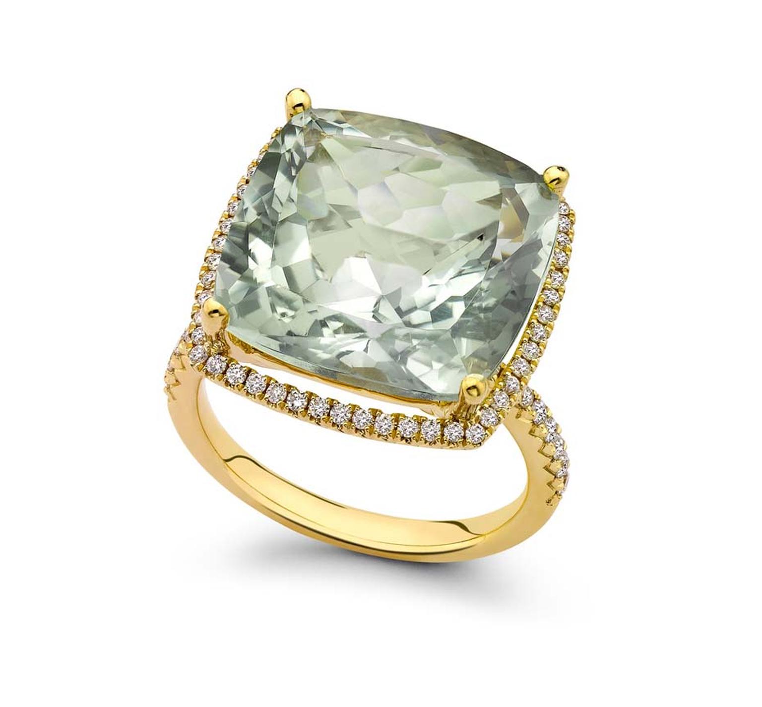 Kiki McDonough cocktail ring with a pale green cushion-cut amethyst encircled by diamond pavé (£2,900).