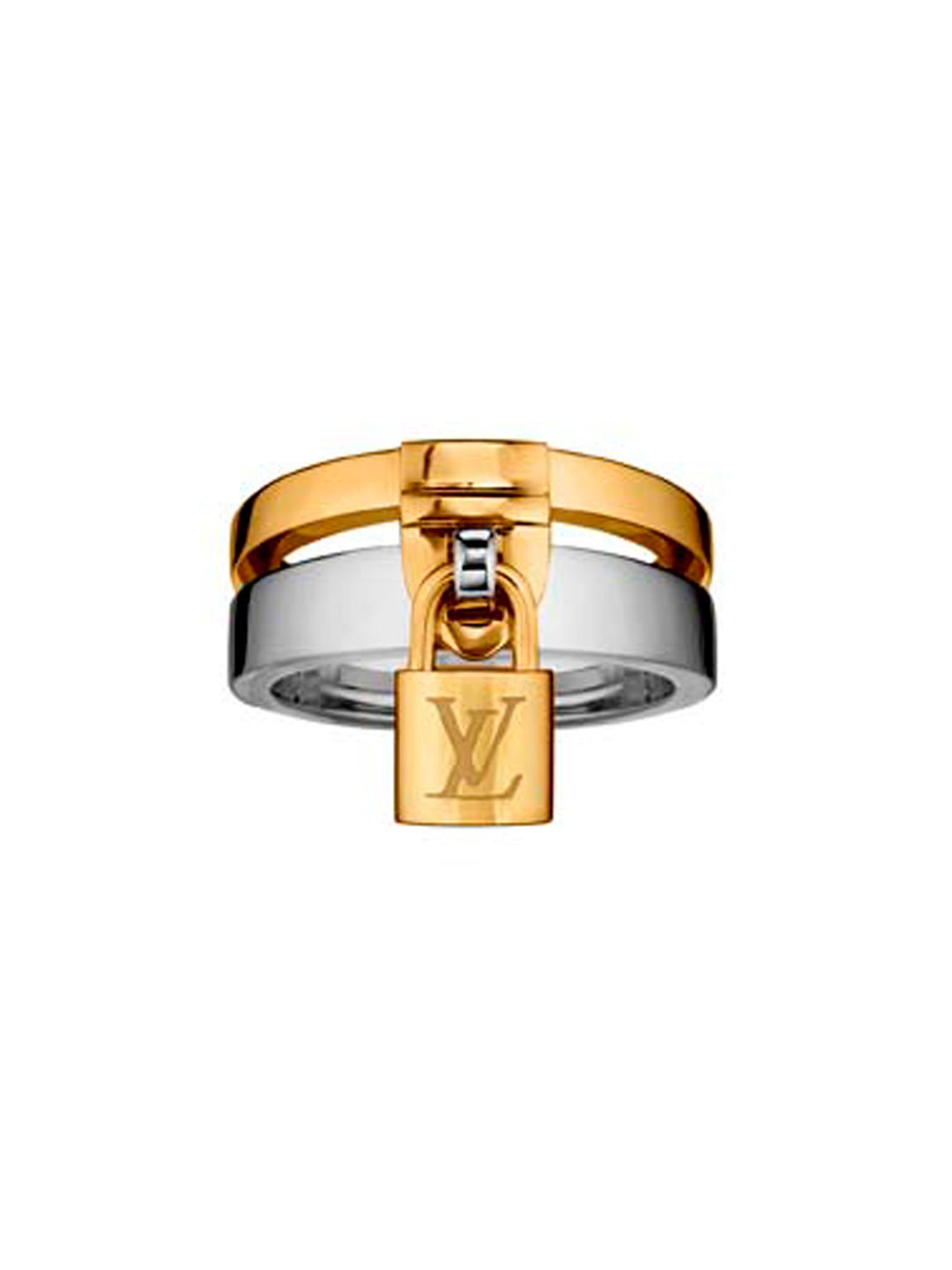 The Louis Vuitton Lockit ring in yellow gold is secured to the white gold ring with a LV embossed padlock, reminiscent of the locks on Louis Vuitton's iconic steamer trunks (£2,620).