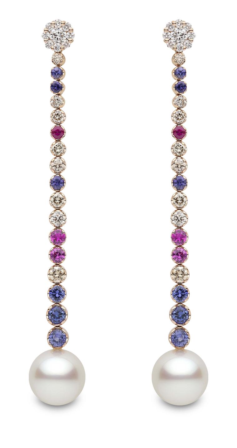 Yoko London South Sea pearl earrings with multi-coloured sapphires (£POA).