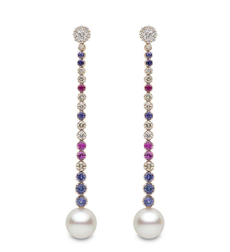 Yoko London South Sea pearl earrings with multi-coloured sapphires (£POA).