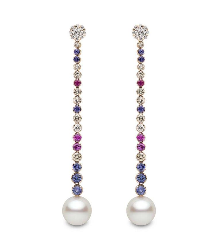 Yoko London South Sea pearl earrings with multi-coloured sapphires (£POA).