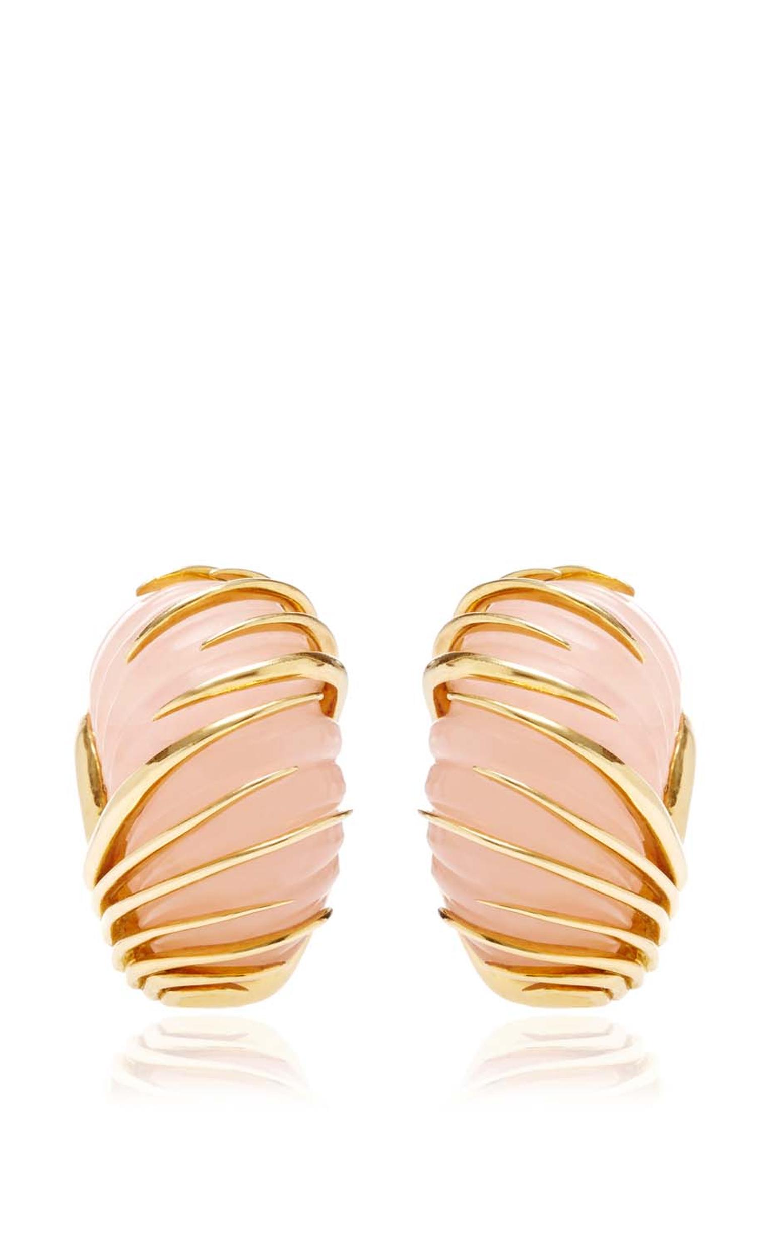 Simon Teakle for Moda Operandi vintage Van Cleef and Arpels earrings featuring a blush-pink of rose quartz with elegant gold tentacles wrapping themselves around the stones ($5,800).