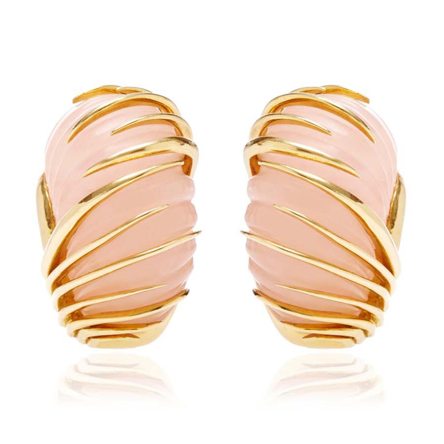 Simon Teakle for Moda Operandi vintage Van Cleef and Arpels earrings featuring a blush-pink of rose quartz with elegant gold tentacles wrapping themselves around the stones ($5,800).