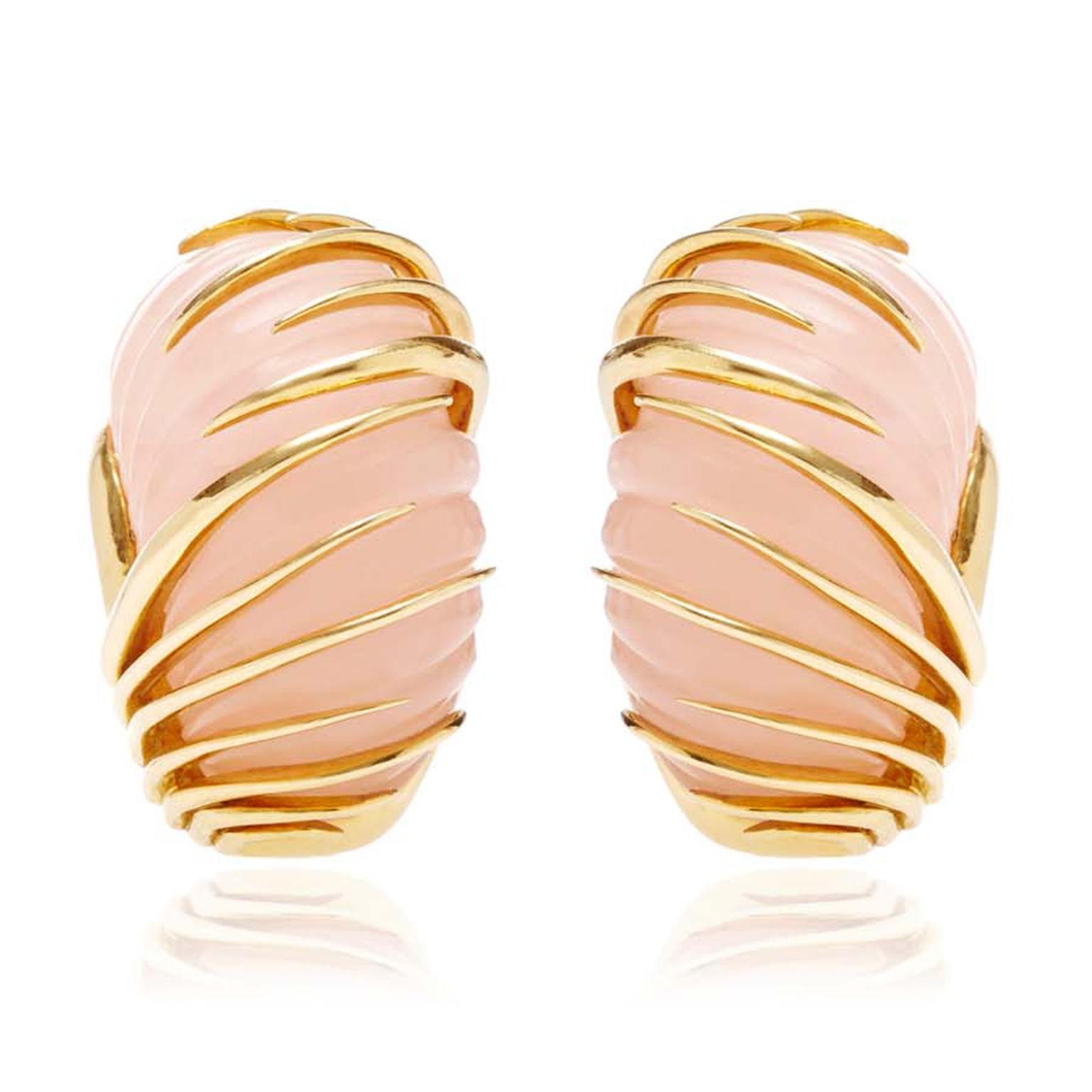 Simon Teakle for Moda Operandi vintage Van Cleef and Arpels earrings featuring a blush-pink of rose quartz with elegant gold tentacles wrapping themselves around the stones ($5,800).