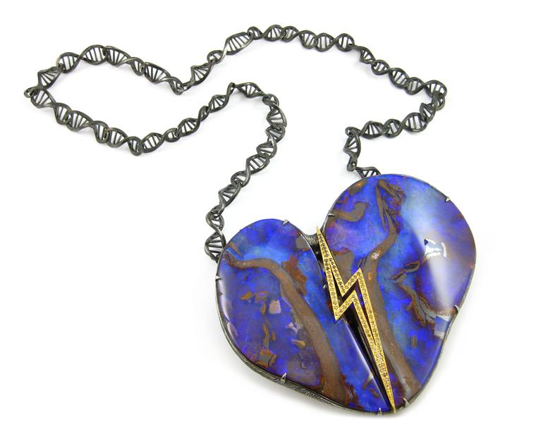 The heart of K. Brunini's "Robot Heart" DNA opal necklace is a staggering 1,363.95 carat Australian opal in matrix.