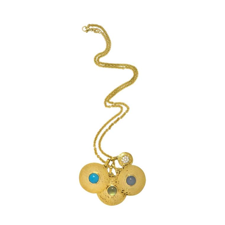Jennifer Alfano gold Hammered Disc birthstone pendants (pendants from $1,750; chains from $400).