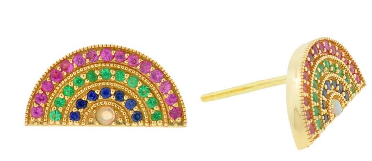 Andrea Fohrman rainbow earrings in gold with pink and blue sapphires, emeralds and opals ($1,650 each).