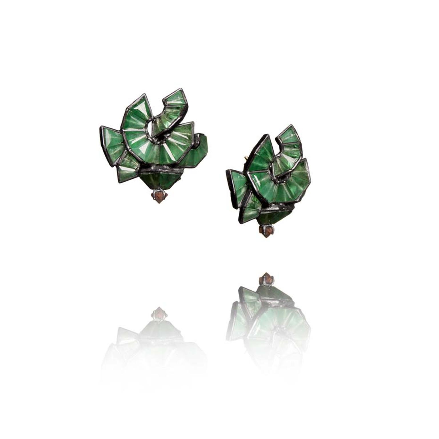 Nak Armstrong emerald Origami Button earrings with gold posts ($3,355).