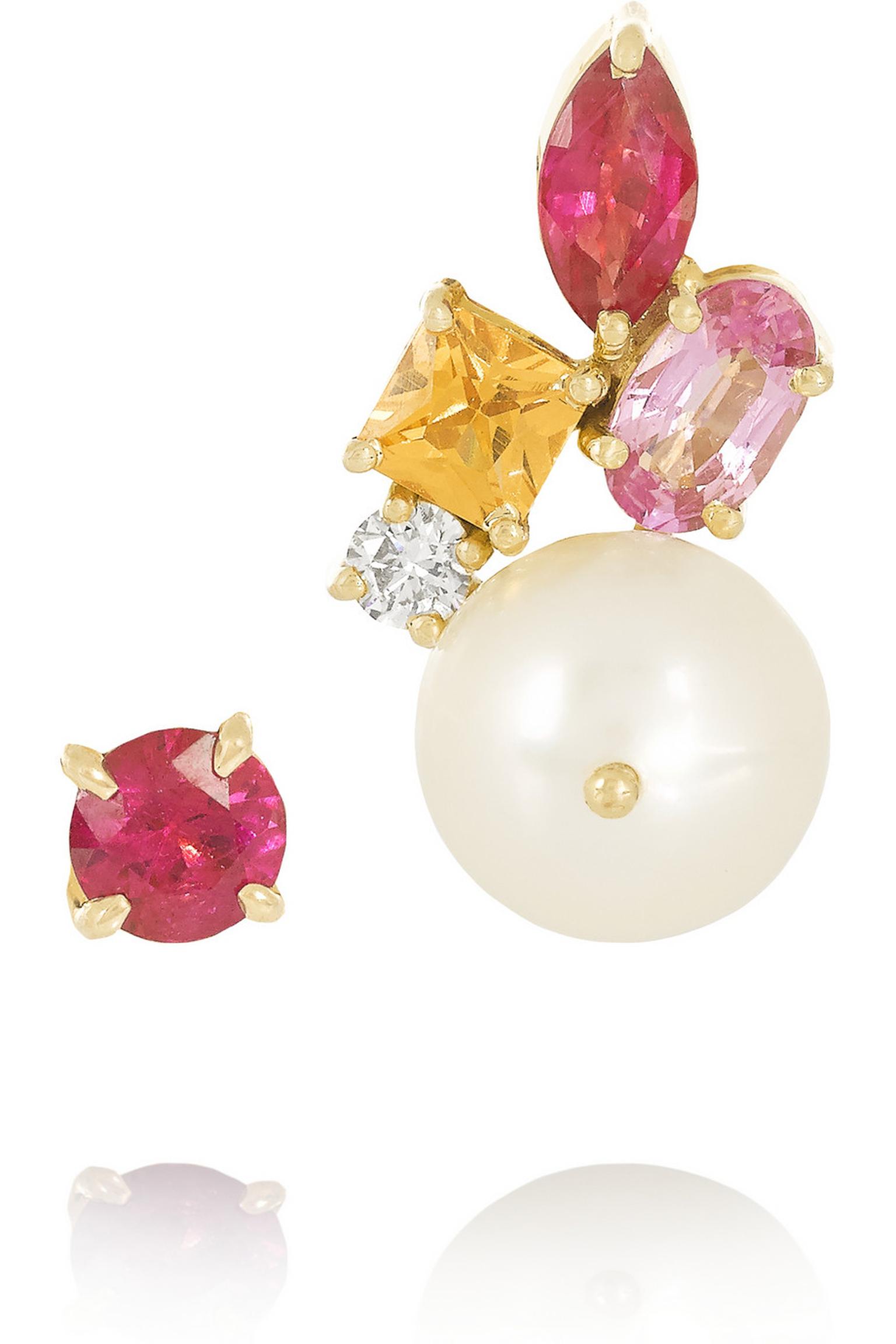 Holly Dyment mismatched pearl earrings with rubies, a mandarin garnet, a pink sapphire and a diamond ($2,270).