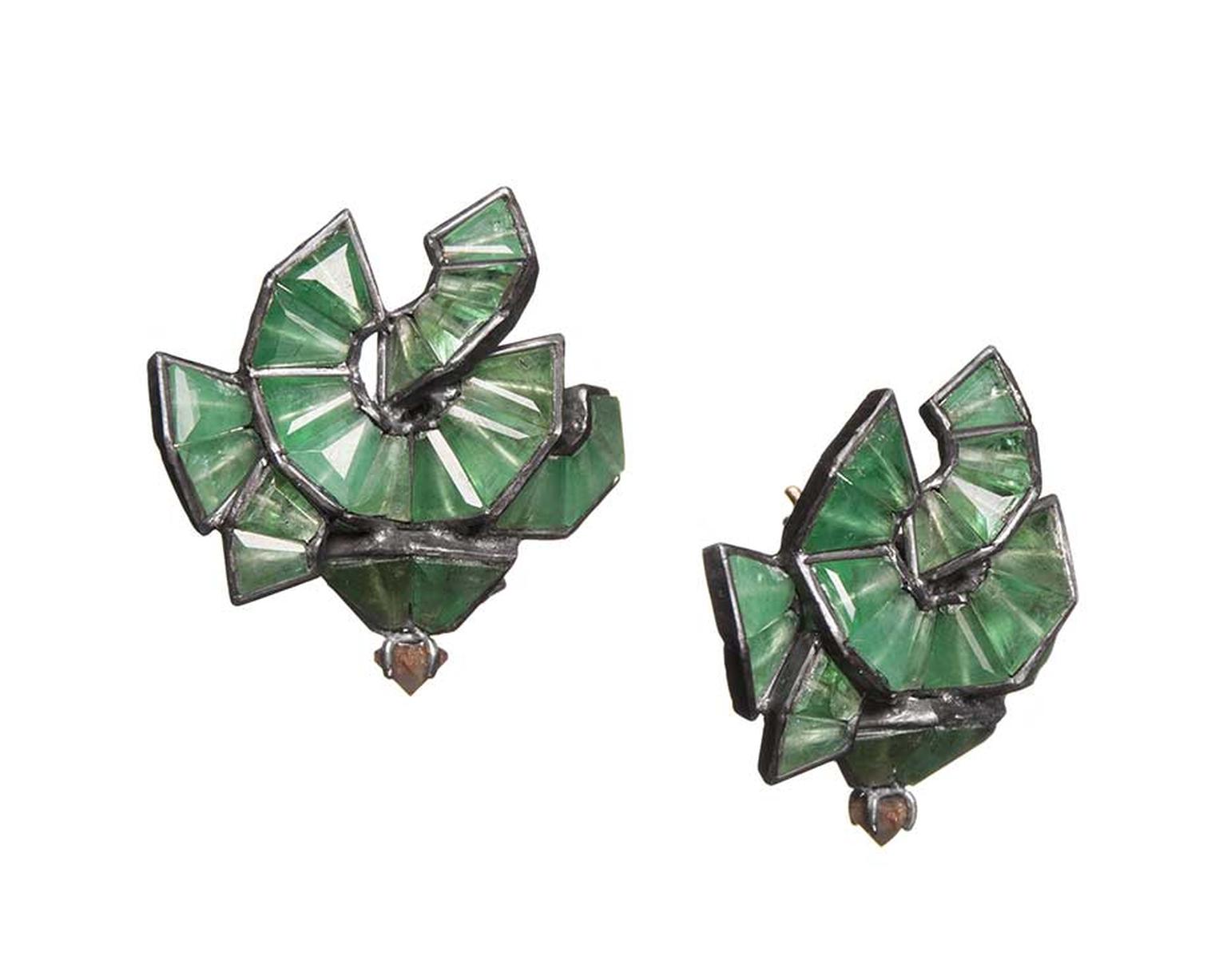 Nak Armstrong emerald Origami Button earrings with gold posts ($3,355).