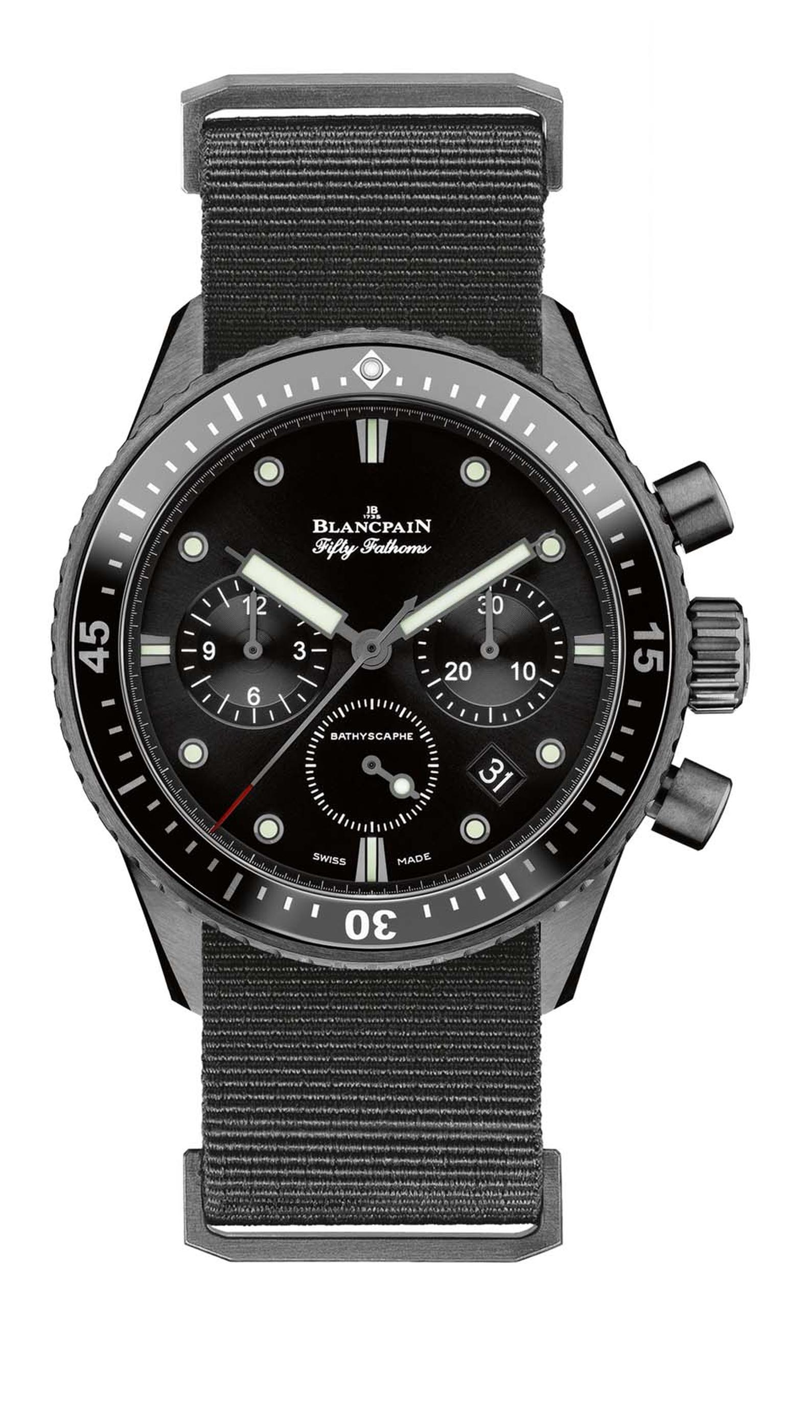 The Blancpain Fifty Fathoms Bathyscaphe was launched this year with a sophisticated flyback chronograph. The 43mm brushed black ceramic model, which offers superior scratch-resistance, is capable of braving depths of 300m.