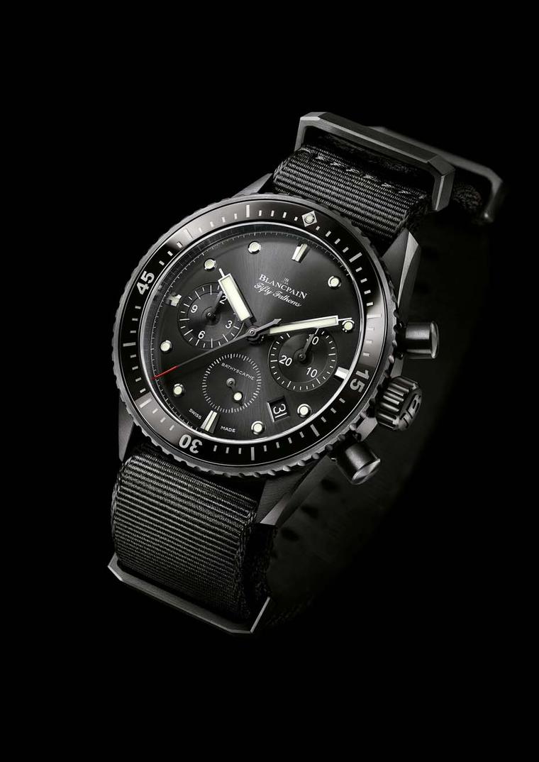 The Blancpain Fifty Fathoms Bathyscaphe was declined this year with a sophisticated flyback chronograph. The 43mm brushed black ceramic model, which offers superior scratch-resistance, is capable of braving depths of 300 metres.
