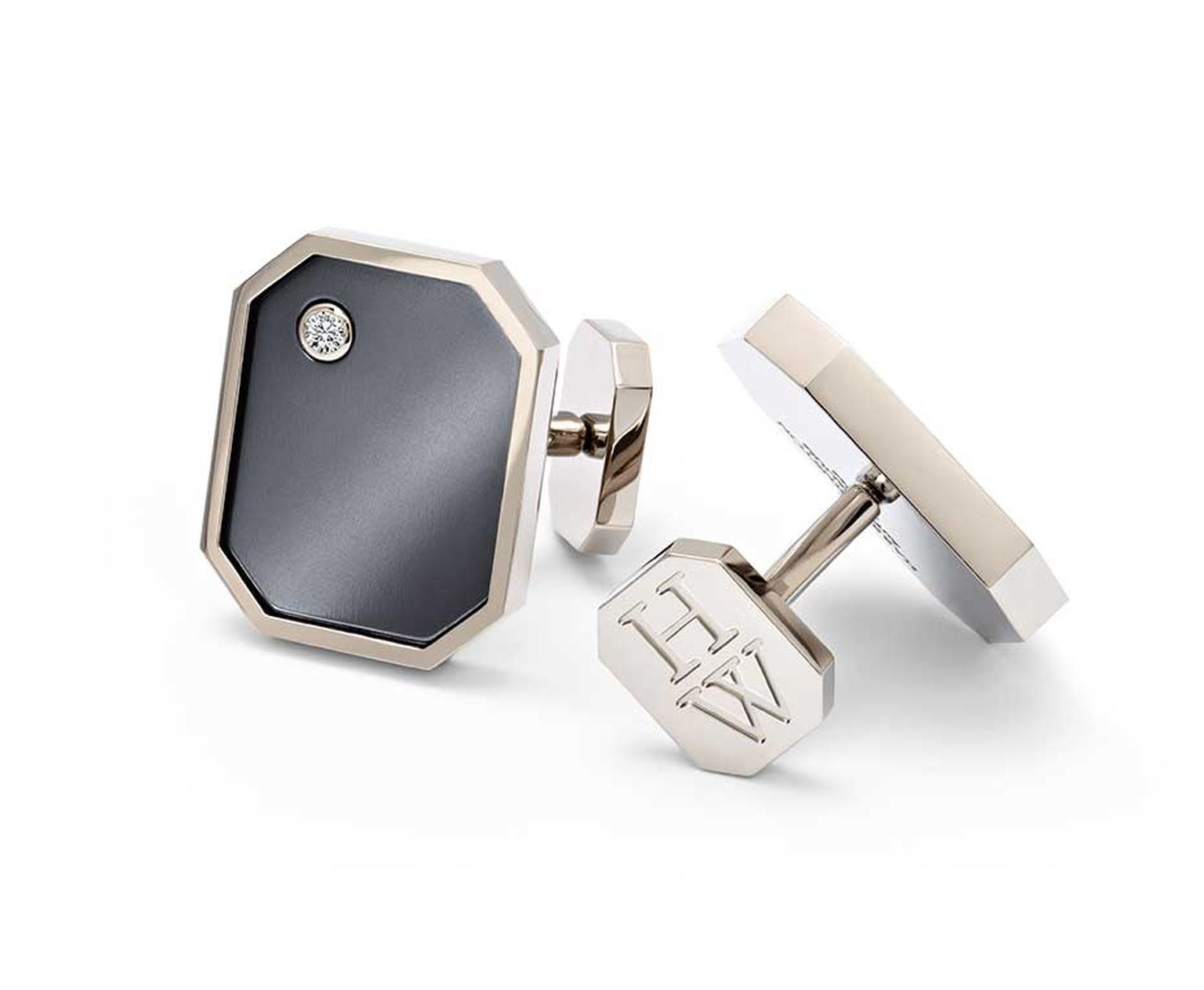 Harry Winston Zalium cufflinks in white gold and Zalium, set with round-brilliant diamonds.