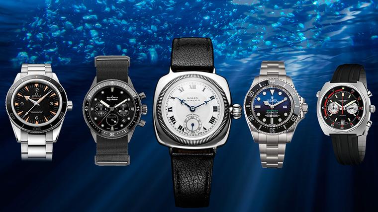 Some great retro-styled dive watches have resurfaced this year from Rolex, Blancpain, Longines and Omega. Pictured in the centre, the world's first waterproof watch: the Rolex Oyster.