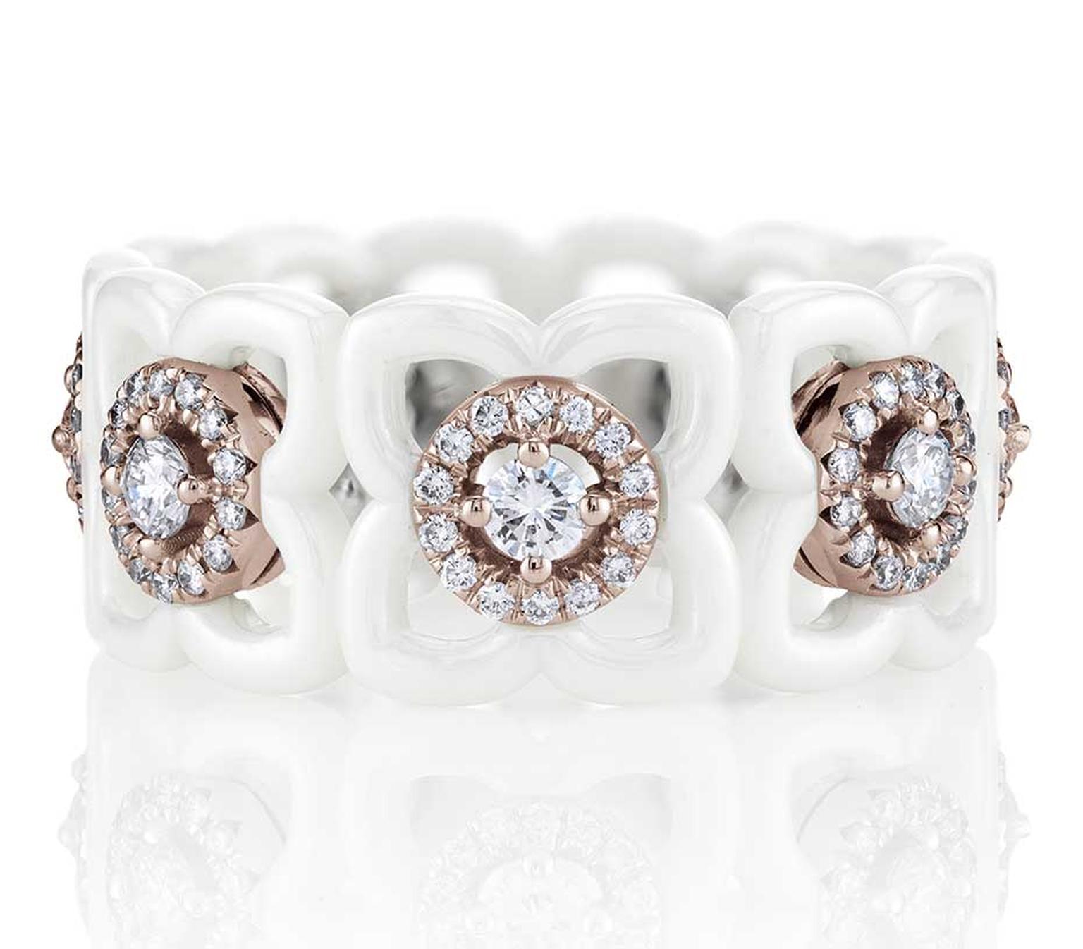 De Beers Daylight Enchanted Lotus ring in white ceramic, pink gold and diamonds (£3,225).