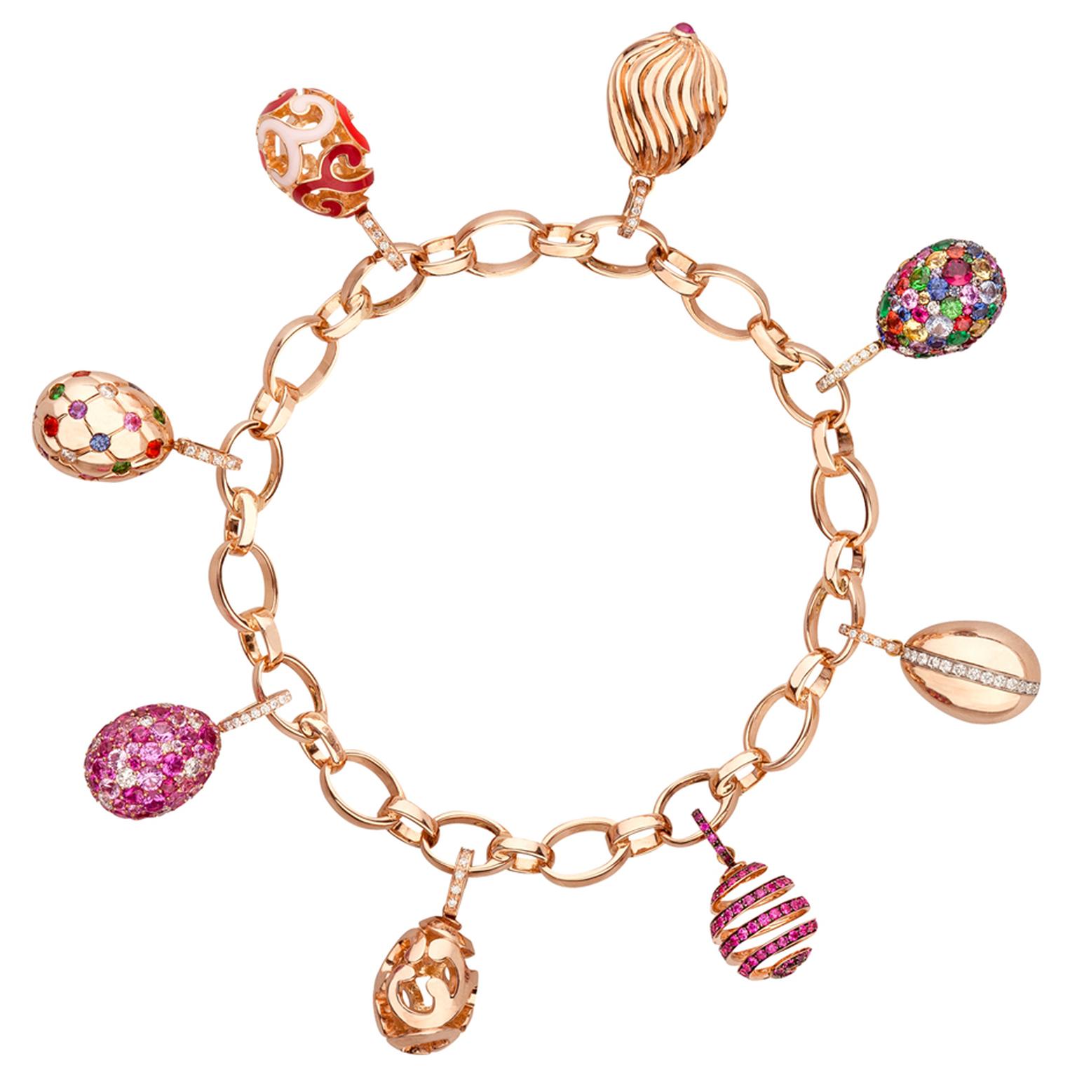 Fabergé rose gold charm bracelet featuring sapphires, amethysts, diamonds, enamel and other coloured gemstones.