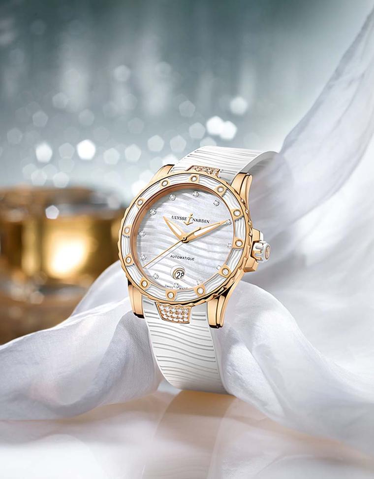 Ulysse Nardin's Lady Diver, in a 40mm rose gold case, is a dive watch capable of depths of up to 100m and is equipped with a white unidirectional rotating bezel and a screw-down safety crown.