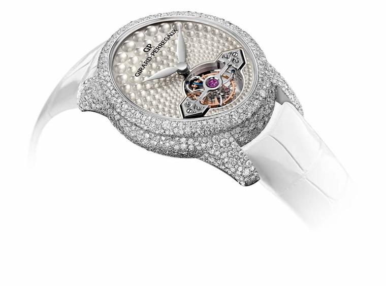 Girard-Perregaux Cat's Eye Jewellery watch features a tourbillon at 6 o’clock powered by an in-house manually-wound movement.