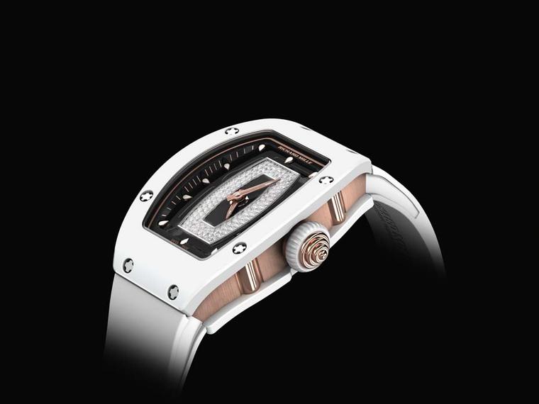 Richard Mille RM 07-01 ladies watch features a smooth white ceramic tonneau-shaped case resilient to everyday wear, tear and scratches.