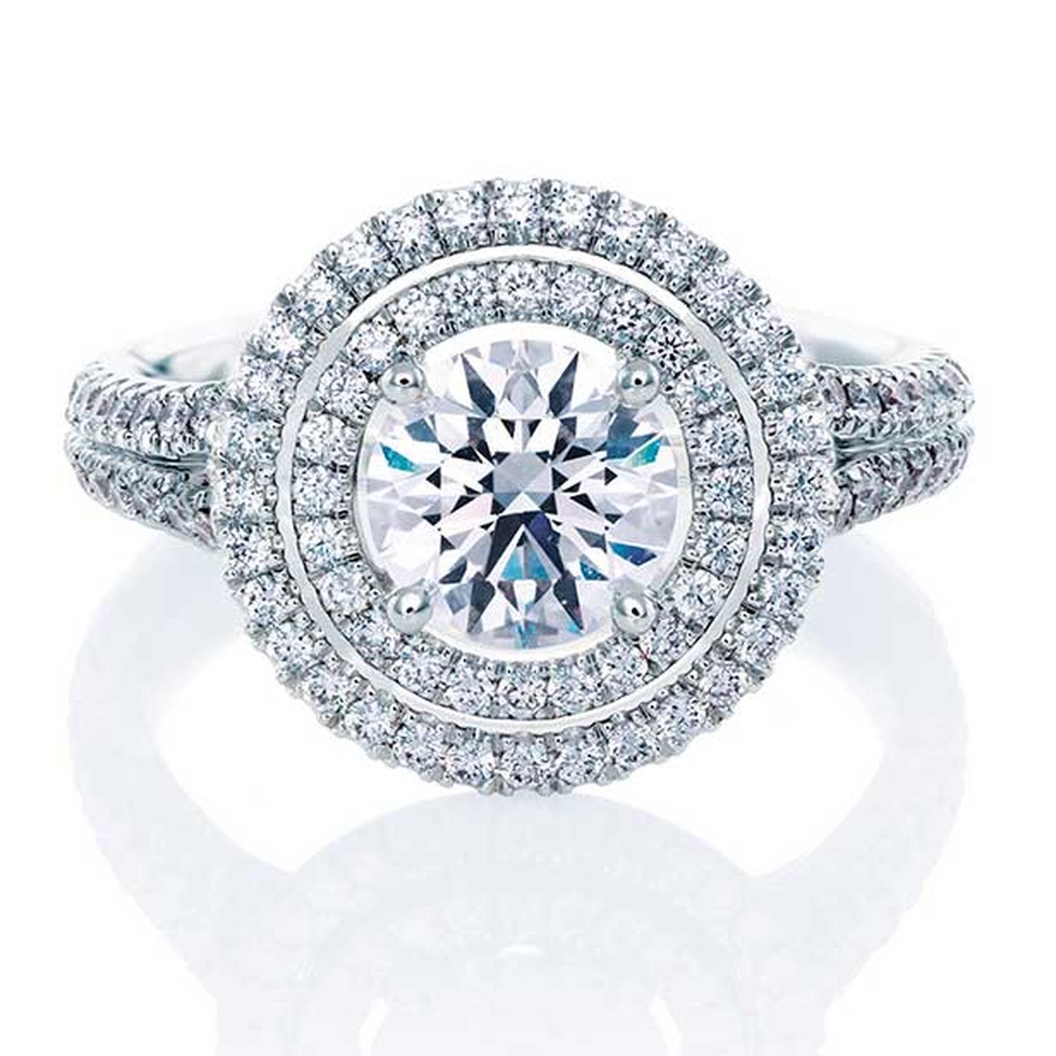 De Beers Aura Double Halo ring in platinum, set with a