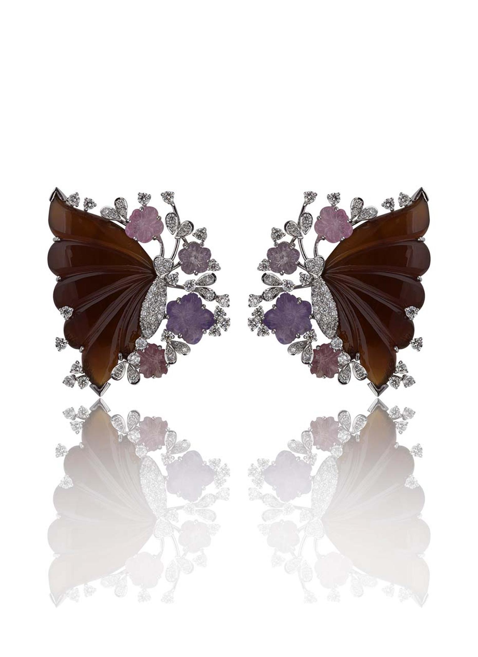 Mirari Butterfly Pavilion earrings with deep red butterfly wings that contrast beautifully with the pastel-coloured flowers and glittering diamonds.