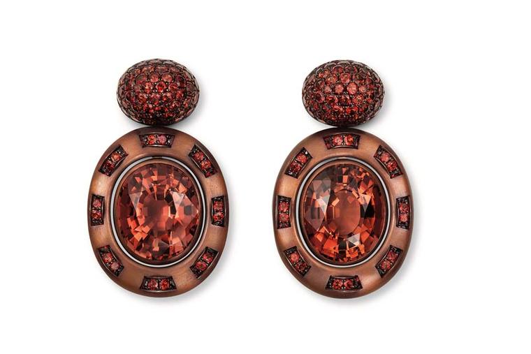 One-of-a-kind Hemmerle earrings with tourmalines and garnets in copper and white gold.
