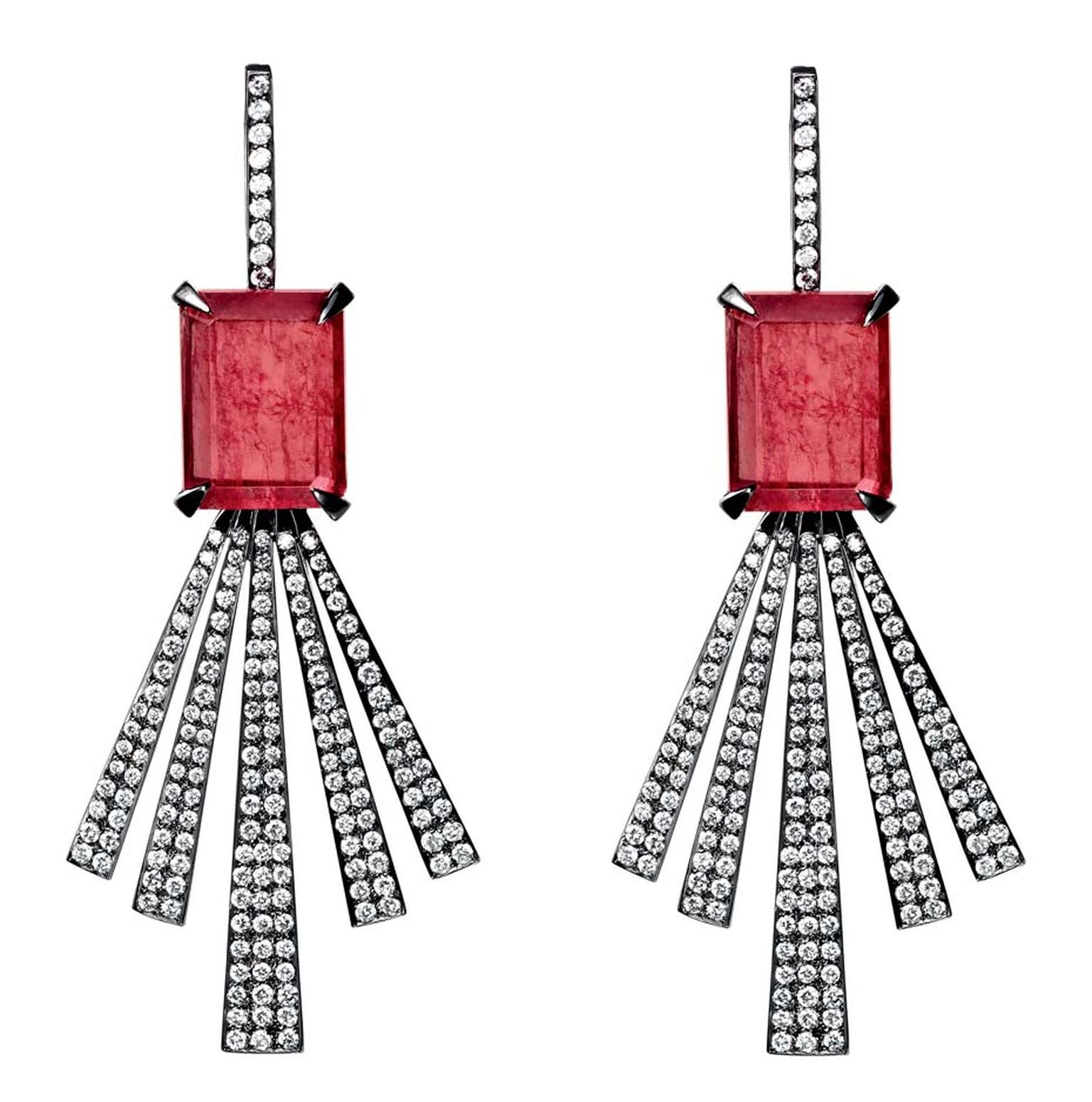 Jack Vartanian earrings from the Ned Desire collection in white gold and black rhodium, set with rhodonite and diamonds.