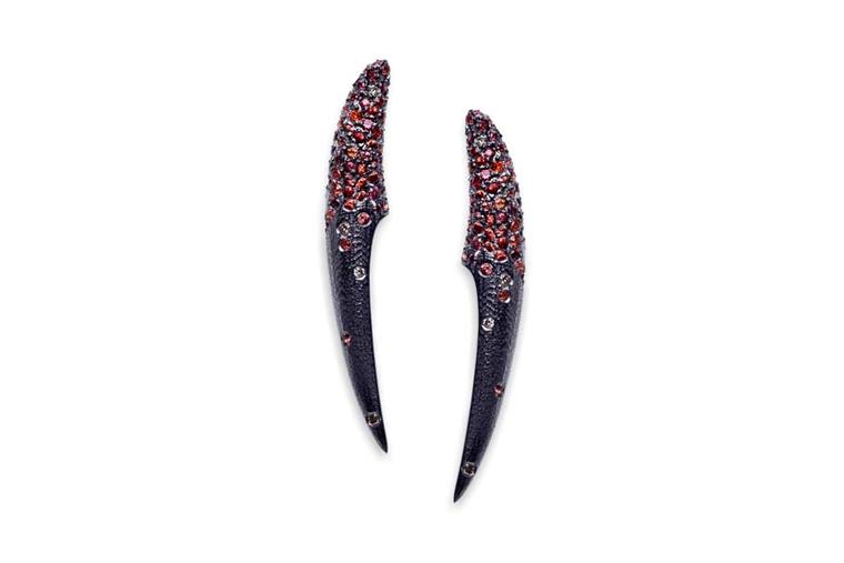 Suciyan earrings in textured silver with black plating, set with orange sapphires and champagne diamonds.