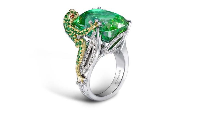 Boodles frog ring in platinum, from the high jewellery collection, featuring a central green tourmaline surrounded by diamonds and tourmalines.