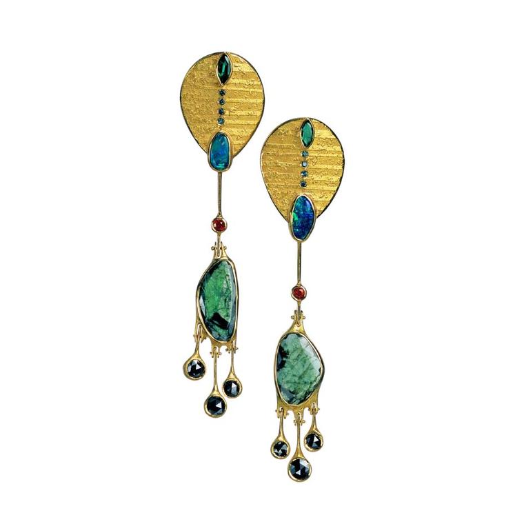 Atelier Zobel earrings in gold with emerald discs, black diamonds, emeralds, rubies, opals and blue diamonds.