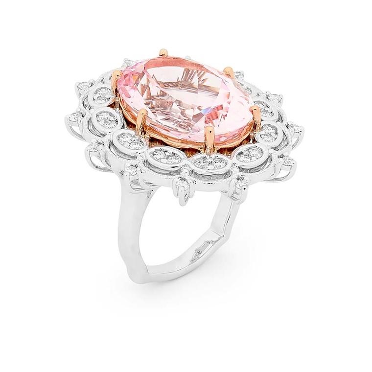 Linneys ring in white and rose gold with a central morganite and diamonds.
