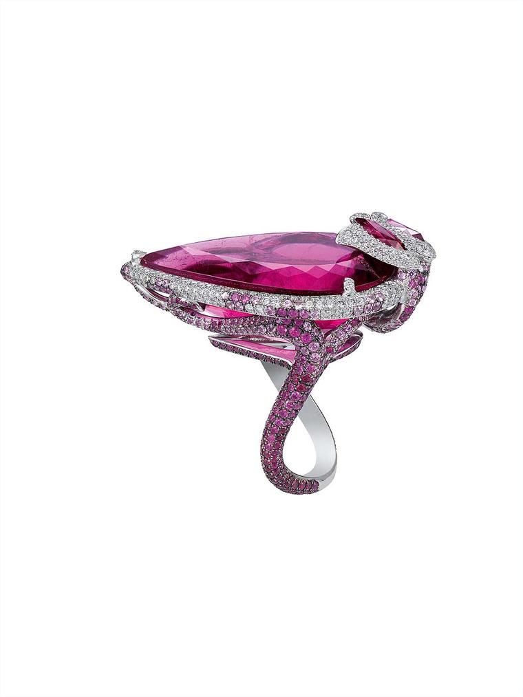 Chopard pear-shaped rubellite ring from the Red Carpet Collection, one of two handfuls of Chopard rings worn by Rihanna.