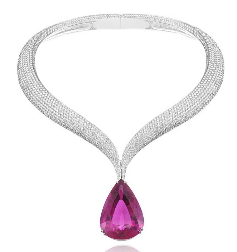 Chopard Red Carpet Collection rubellite and diamond necklace featuring an exceptional 123.24ct pear-shaped rubellite.