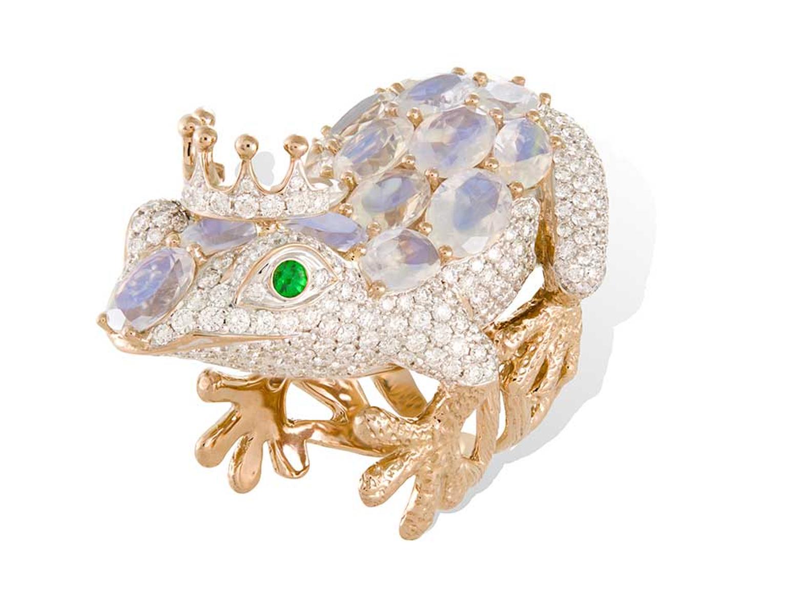 Lydia Courteille Frog ring in gold with diamonds, moonstones and emeralds for eyes.