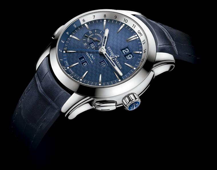 Ulysse Nardin's Perpetual Calendar was the first perpetual calendar to allow forwards and backwards adjustments on the crown. Featuring a dual time function, the blue dial is decorated with a pattern of waves, very fitting for this brand which made its na