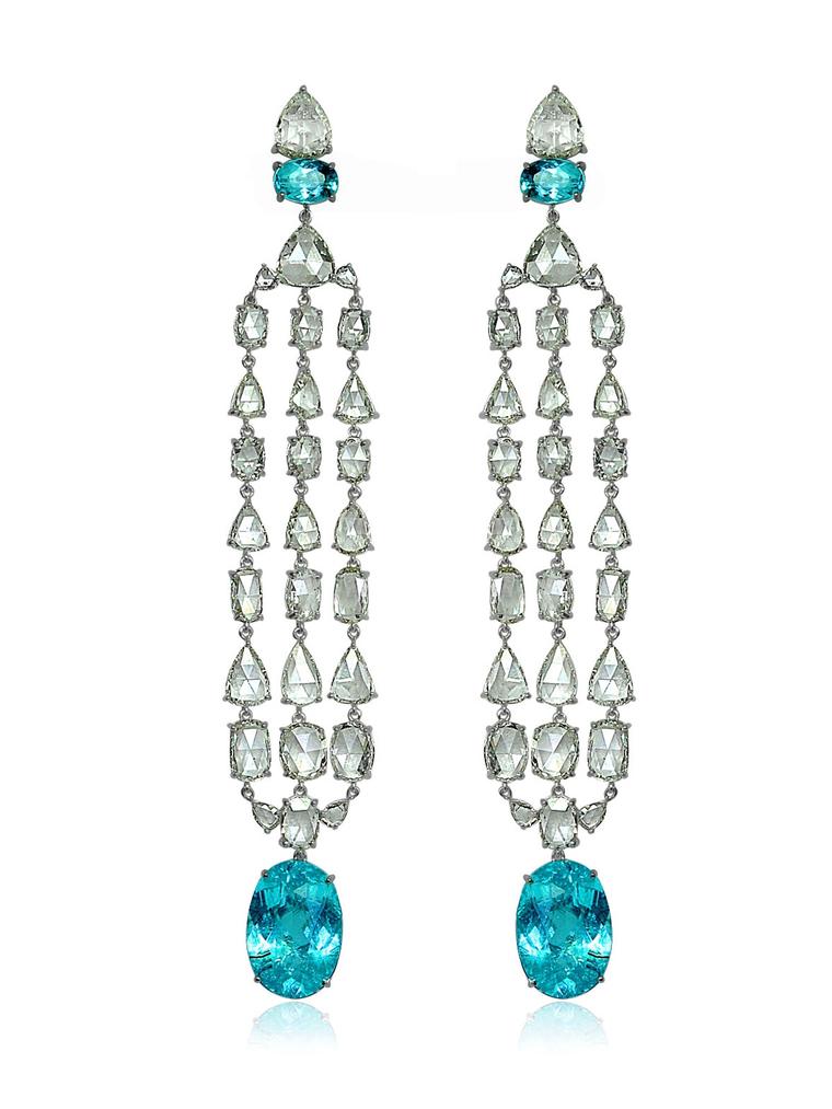 Sutra earrings with Paraiba tourmalines and rose-cut diamonds in white gold.