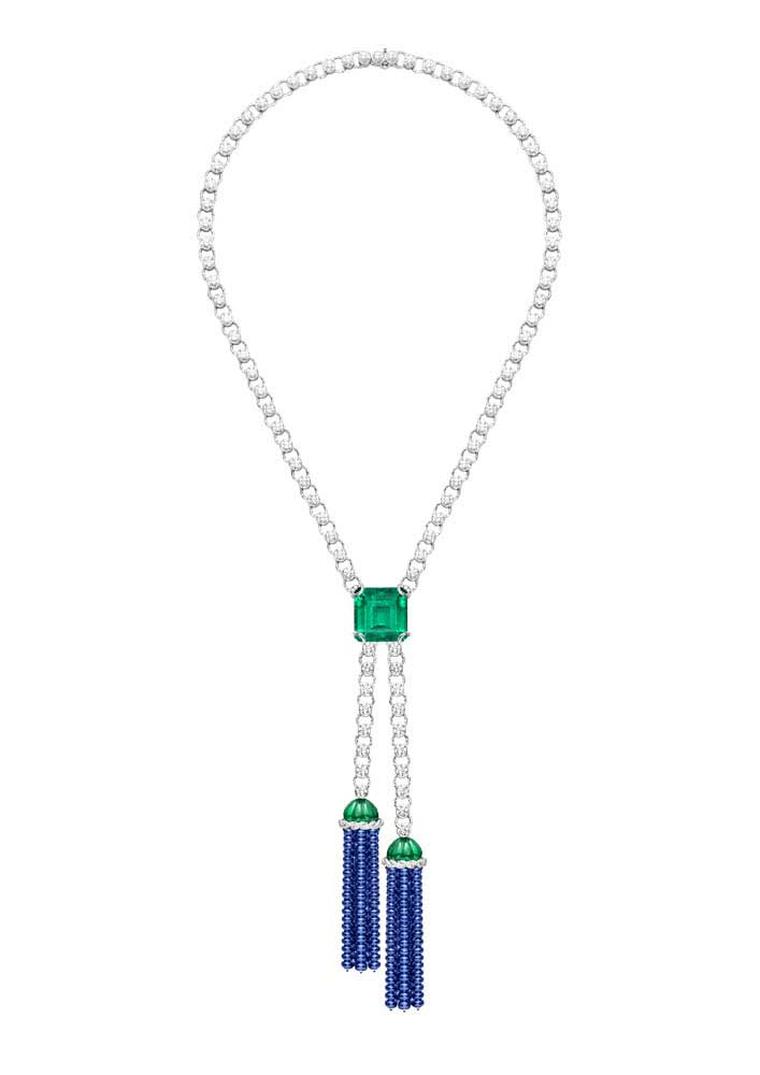 Piaget Extremely Piaget tassel necklace with a central emerald, diamonds, carved emeralds and sapphire beads.