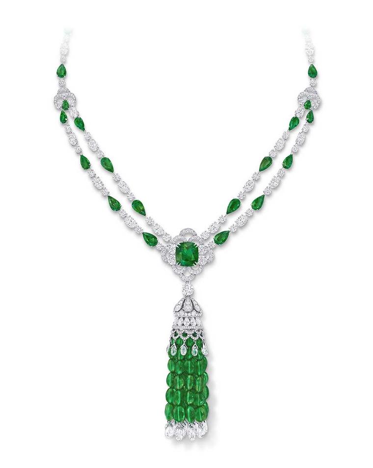 Graff emerald and diamond tassel necklace featuring a 10.03ct cushion-cut Colombian emerald.