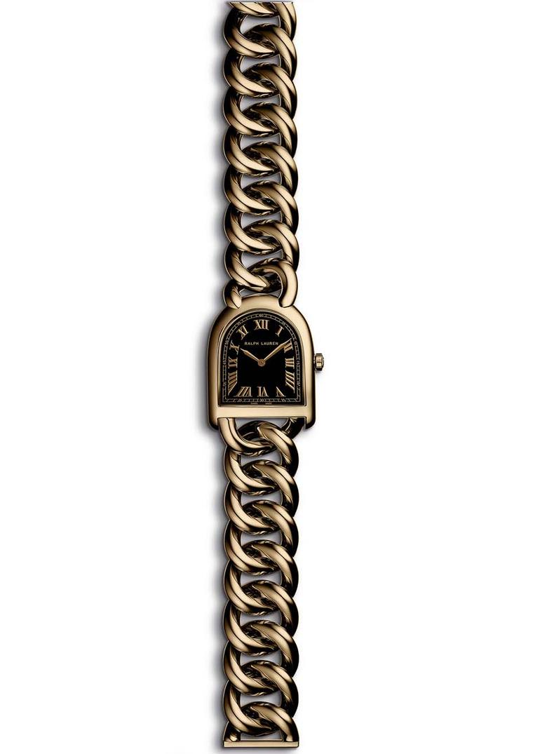 Ralph Lauren Stirrup Petite-Link watch in rose gold with a black lacquered dial and jewellery chain bracelet.
