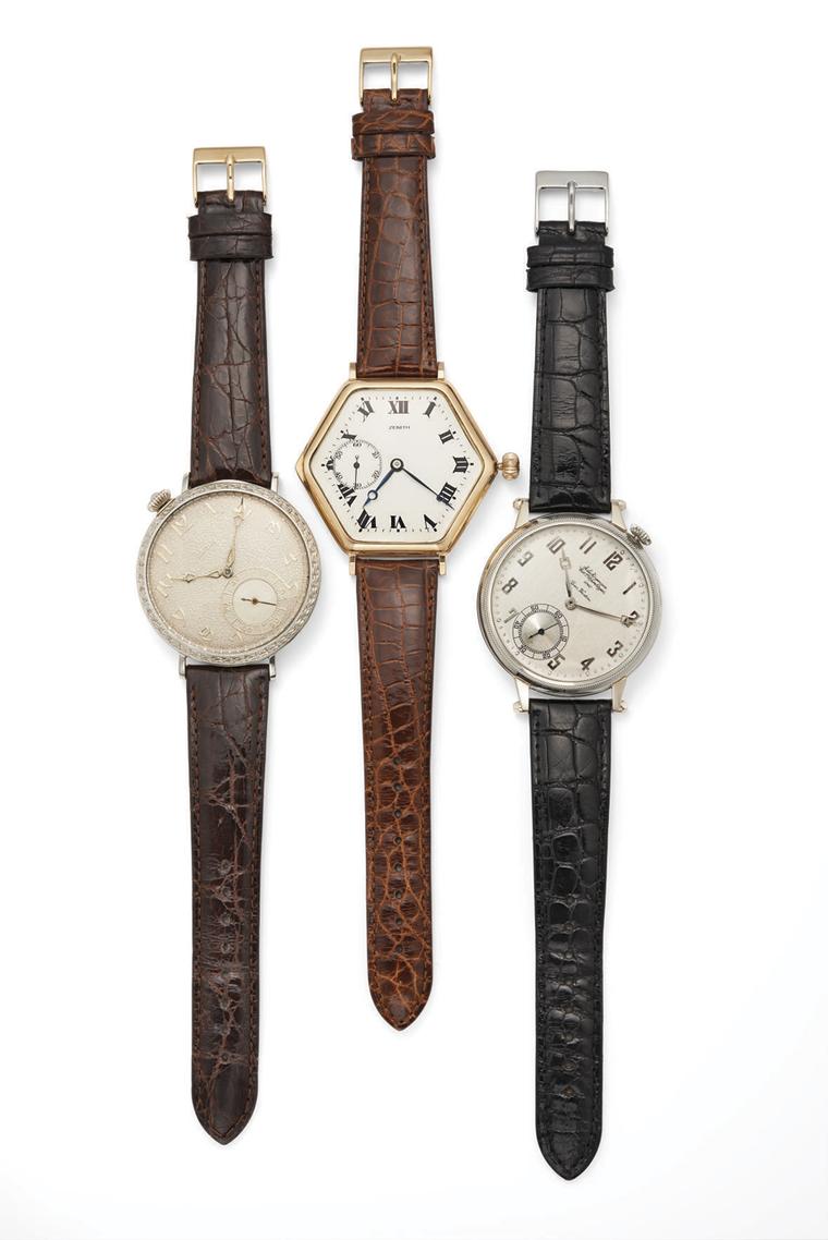 Fred Leighton converts pocket watches to wristwatches. Pictured here are three models by Elgin, Zenith and Jules Jurgensen from the Art Deco period.
