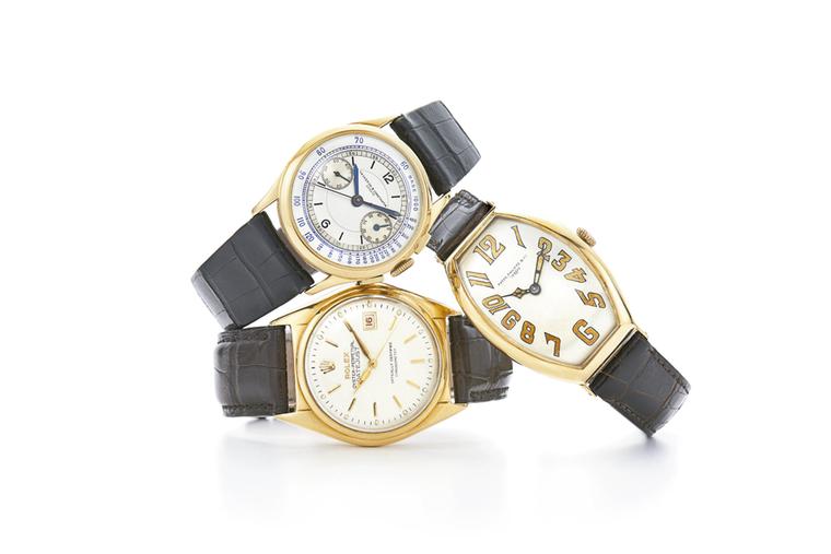 Vintage wristwatches restored by Fred Leighton include models like this Vacheron Constantin chronograph, circa 1937, a gold Art Deco tonneau-shaped watch by Patek Philippe, circa 1923 and a yellow gold Ovettone Roulette Date wristwatch by Rolex, circa 195