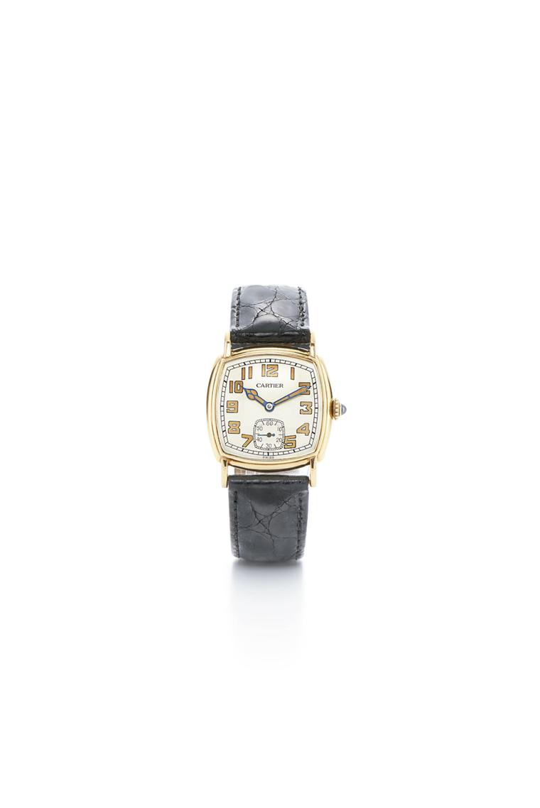 Movado for Cartier yellow gold cushion-shaped wristwatch, circa 1940s, restored by Fred Leighton of New York.