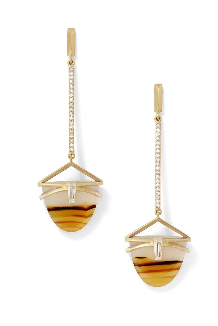 Monique Péan's Montana striped agate earrings in matte gold, from the Seto collection, are inlaid with diamond baguettes and inspired by the warm amber shades of a sunset.