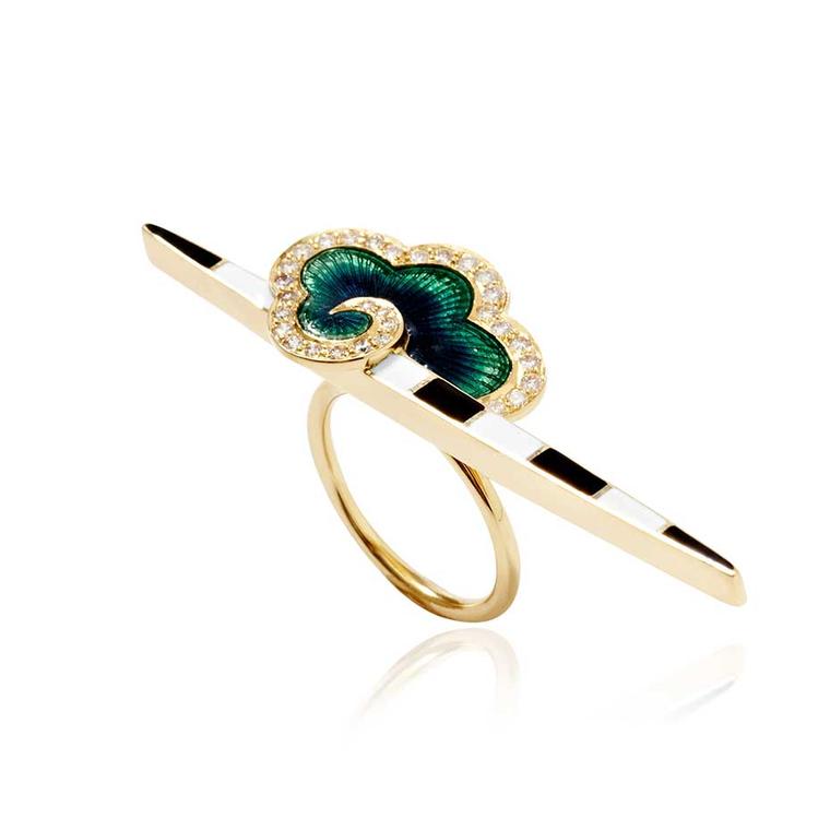 Holly Dyment Cloud Bar ring in yellow gold with black and white enamel stripes and an emerald green cloud surrounded by white diamonds.
