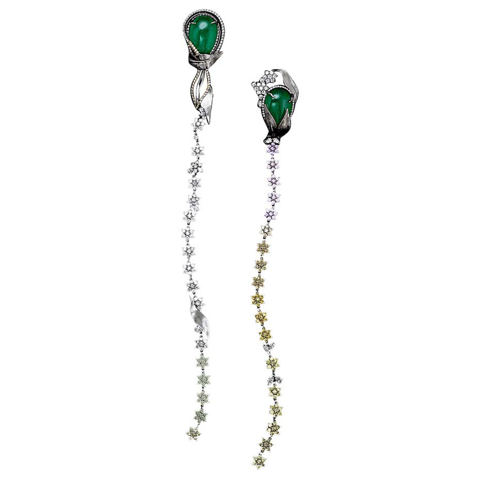Alexandra Mor emerald and diamond Flower earrings.